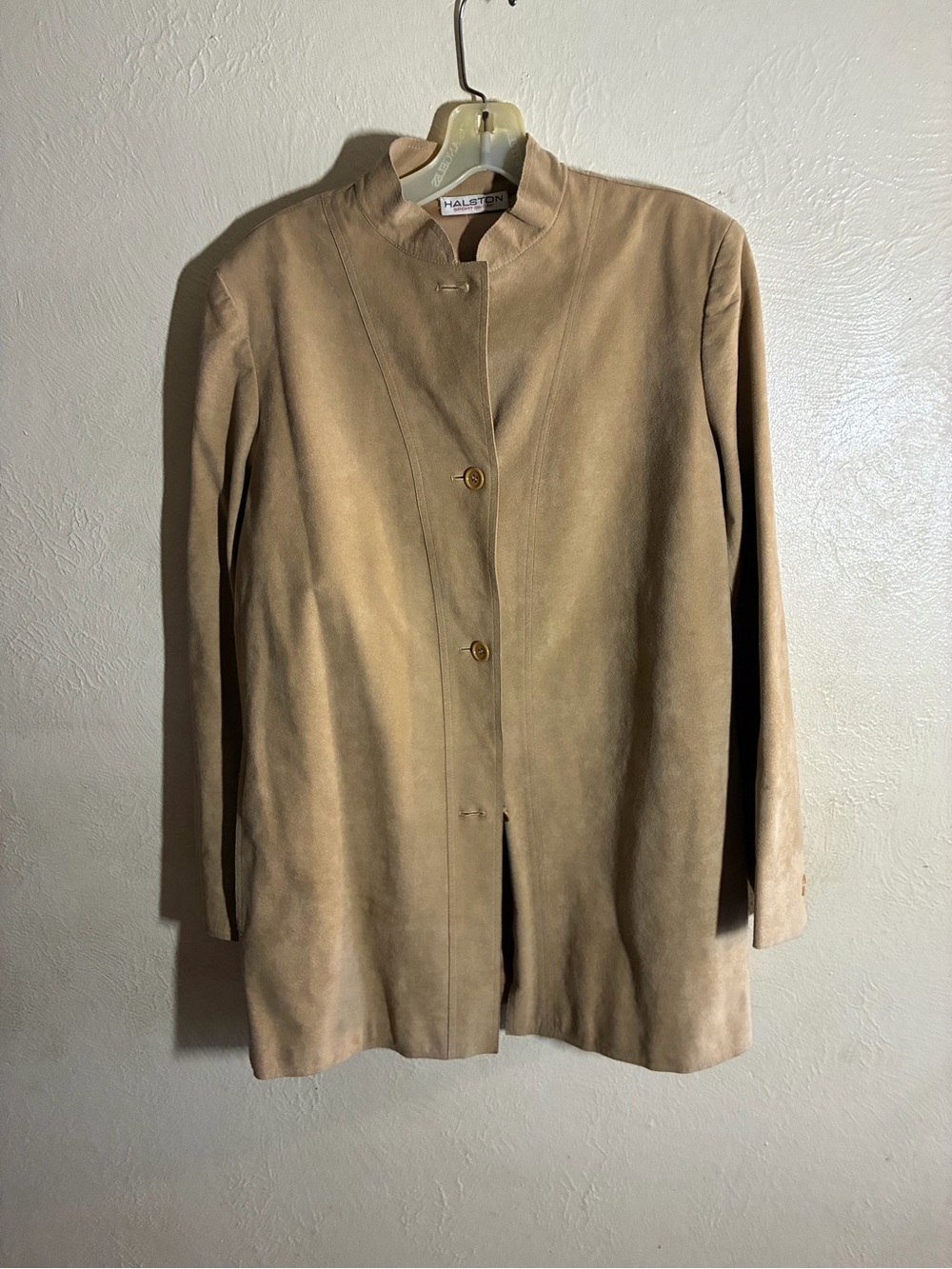 Halston Heritage Beige Taupe Suede Longline Jacket with mandarin collar